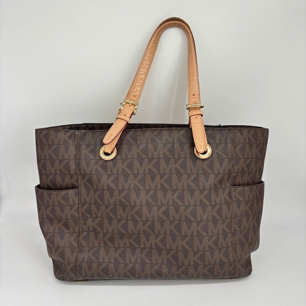 Michael Kors Tote Bag Womens Large Brown MK Monogram Signature Jet Set Travel - Picture 2 of 10